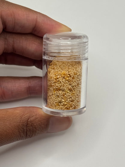 Hand holding a small clear container filled with a beige substance on a white background