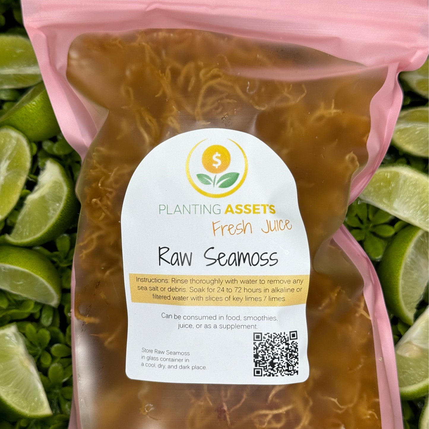 A sealed pouch of Planting Assets brand Raw Seamoss, with a label showing the product name and an image of limes, indicating the natural flavor.